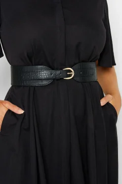 Yours Yours Black & Gold Croc Stretch Wide Belt