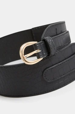 Yours Yours Black & Gold Croc Stretch Wide Belt