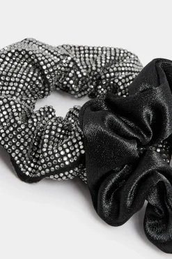 Yours Yours Black 2 Pack Diamante Satin Scrunchie Set
