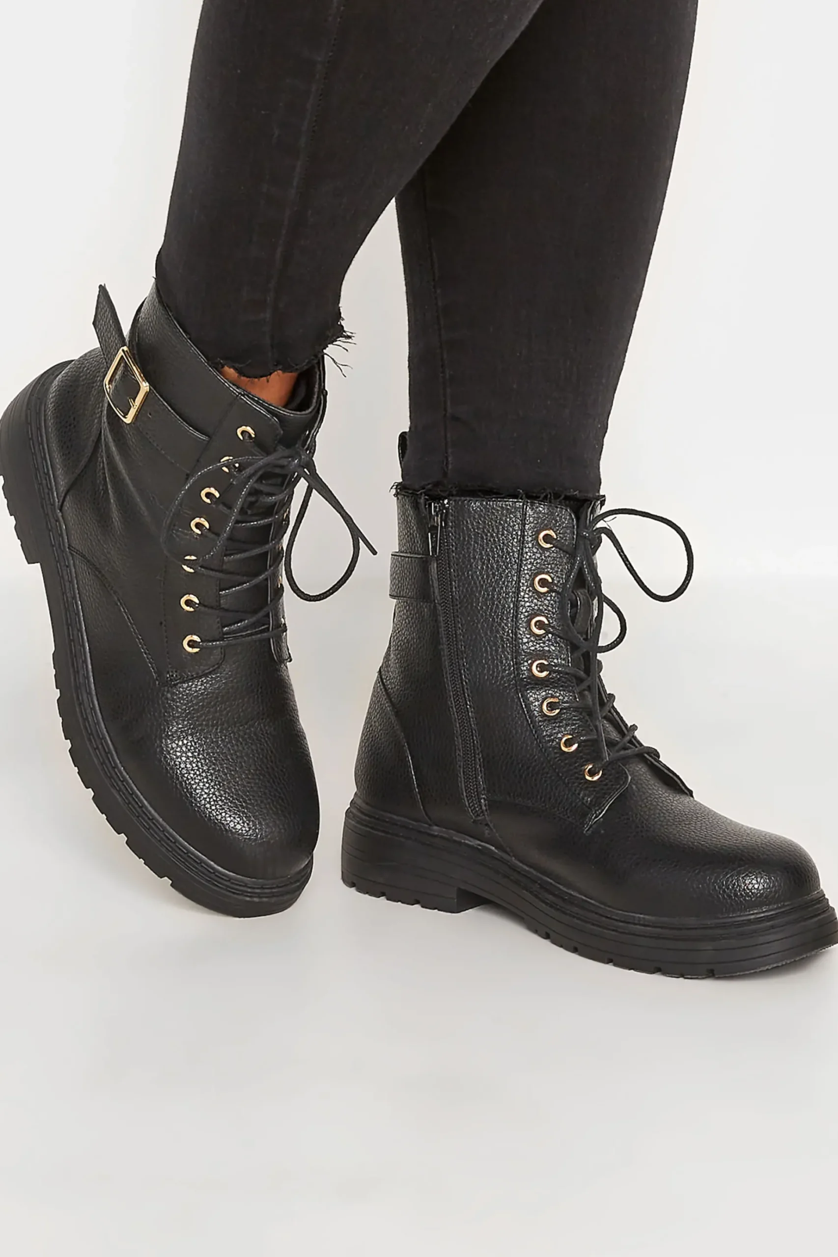 Yours Yours Black Buckle Lace Up Ankle Boots In Wide E Fit & Extra Wide Eee Fit