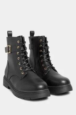 Yours Yours Black Buckle Lace Up Ankle Boots In Wide E Fit & Extra Wide Eee Fit