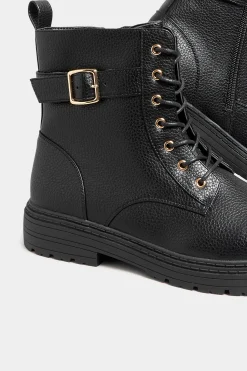 Yours Yours Black Buckle Lace Up Ankle Boots In Wide E Fit & Extra Wide Eee Fit