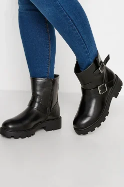Yours Yours Black Buckle Biker Boot In Wide E Fit & Extra Wide Eee Fit