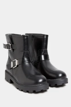 Yours Yours Black Buckle Biker Boot In Wide E Fit & Extra Wide Eee Fit
