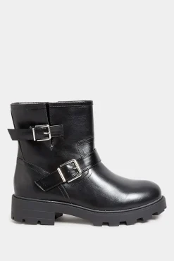 Yours Yours Black Buckle Biker Boot In Wide E Fit & Extra Wide Eee Fit
