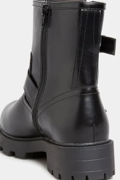 Yours Yours Black Buckle Biker Boot In Wide E Fit & Extra Wide Eee Fit
