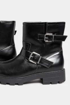 Yours Yours Black Buckle Biker Boot In Wide E Fit & Extra Wide Eee Fit