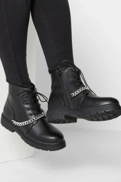 Yours Yours Black Chain Lace Up Boots In Wide E Fit & Extra Wide Eee Fit