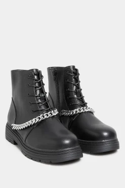 Yours Yours Black Chain Lace Up Boots In Wide E Fit & Extra Wide Eee Fit