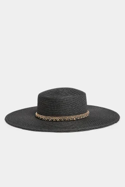 Yours Yours Black Chain Straw Wide Brim Boater Hat