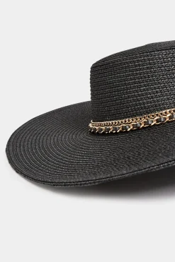 Yours Yours Black Chain Straw Wide Brim Boater Hat