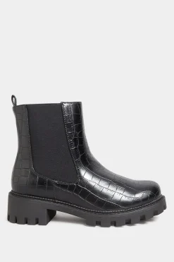 Yours Yours Black Croc Chunky Chelsea Boots In Wide E Fit & Extra Wide Eee Fit
