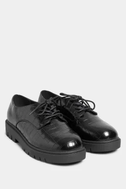 Yours Yours Black Croc Lace Up Loafers In Extra Wide Eee Fit
