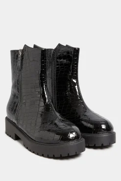 Yours Yours Black Croc Patent Side Zip Boots In Extra Wide Eee Fit