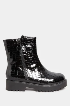 Yours Yours Black Croc Patent Side Zip Boots In Extra Wide Eee Fit