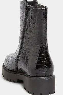 Yours Yours Black Croc Patent Side Zip Boots In Extra Wide Eee Fit