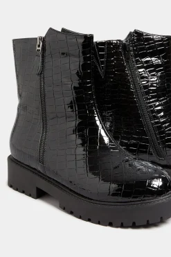 Yours Yours Black Croc Patent Side Zip Boots In Extra Wide Eee Fit