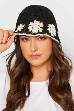 Yours Yours Black Crochet Contrast Edge Bucket Hat