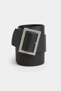 Yours Yours Black Diamante Buckle Wide Belt
