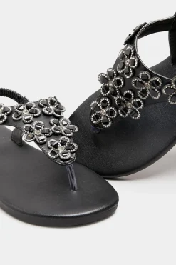 Yours Yours Black Diamante Flower Sandals In Wide E Fit & Extra Wide Eee Fit