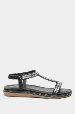 Yours Yours Black Diamante Strap Sandals In Extra Wide Eee Fit