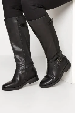 Yours Yours Black Double Strap Knee High Boots In Wide E Fit & Extra Wide Eee Fit