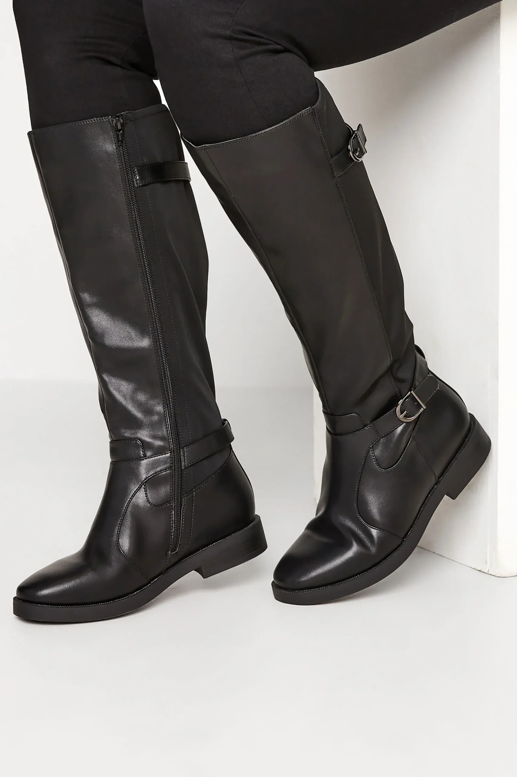 Yours Yours Black Double Strap Knee High Boots In Wide E Fit & Extra Wide Eee Fit