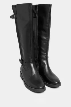 Yours Yours Black Double Strap Knee High Boots In Wide E Fit & Extra Wide Eee Fit