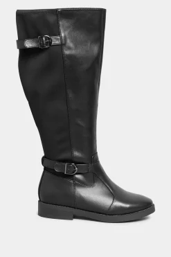 Yours Yours Black Double Strap Knee High Boots In Wide E Fit & Extra Wide Eee Fit