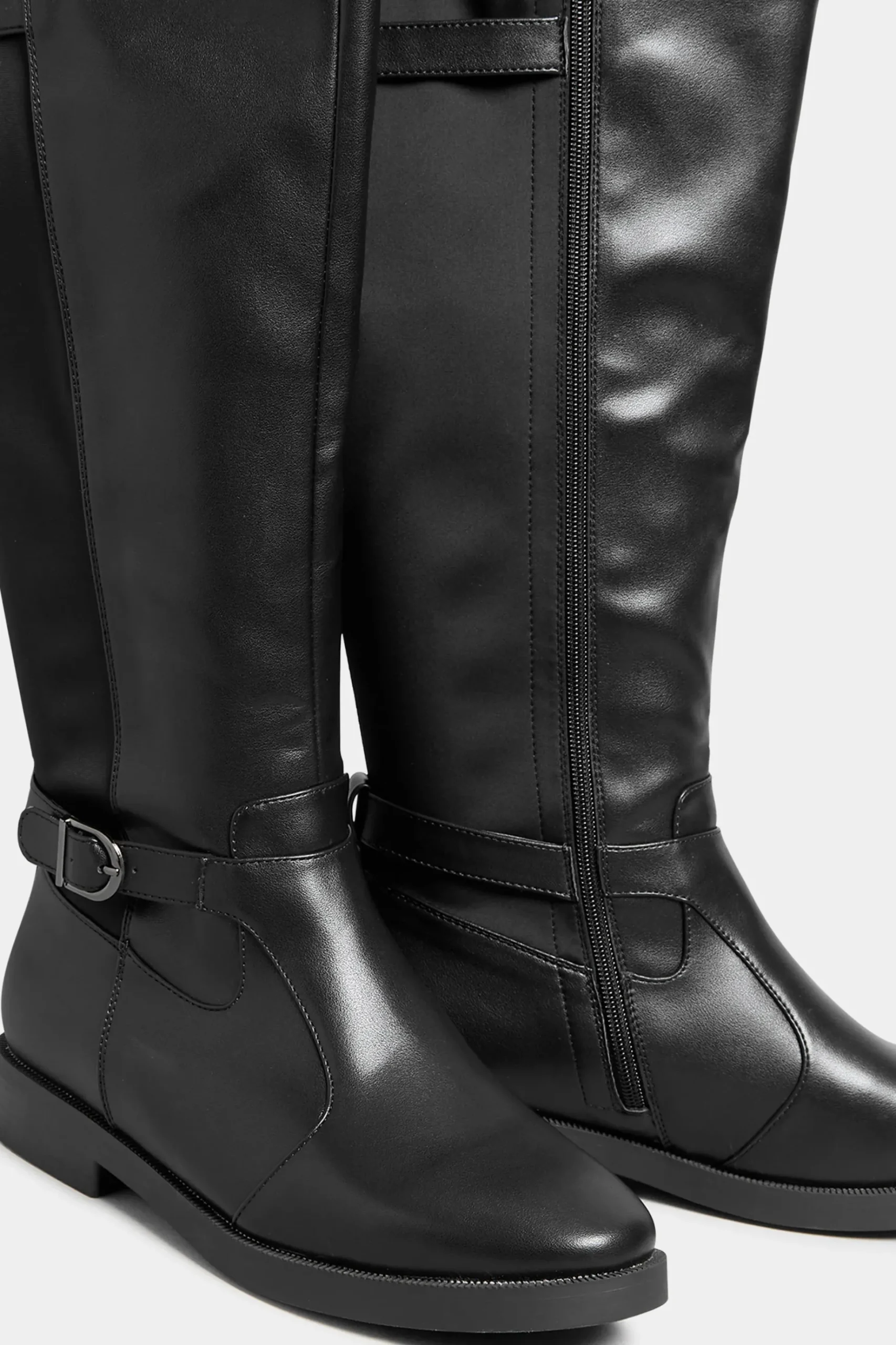 Yours Yours Black Double Strap Knee High Boots In Wide E Fit & Extra Wide Eee Fit