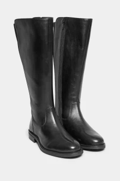Yours Yours Black Elasticated Knee High Leather Boots In Wide E Fit & Extra Wide Eee Fit