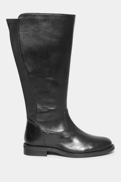 Yours Yours Black Elasticated Knee High Leather Boots In Wide E Fit & Extra Wide Eee Fit