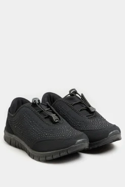 Yours Yours Black Embellished Drawcord Trainers In Wide E Fit & Extra Wide Eee Fit
