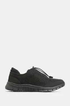 Yours Yours Black Embellished Drawcord Trainers In Wide E Fit & Extra Wide Eee Fit