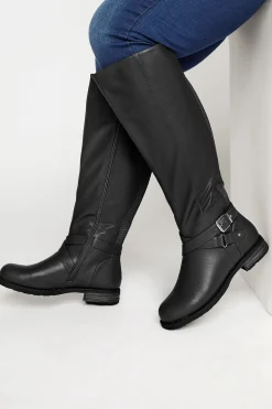 Yours Yours Black Faux Leather Knee High Boots In Wide E Fit & Extra Wide Ee Fit