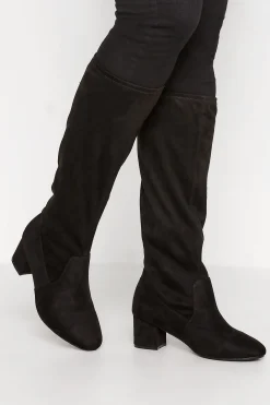 Yours Yours Black Faux Suede Stretch Heeled Knee High Boots In Wide E Fit & Extra Wide Eee Fit