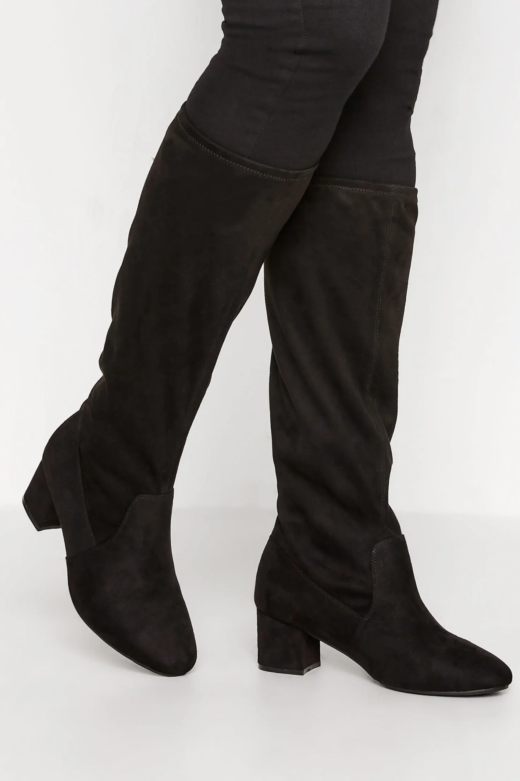 Yours Yours Black Faux Suede Stretch Heeled Knee High Boots In Wide E Fit & Extra Wide Eee Fit
