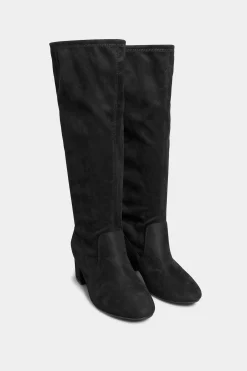Yours Yours Black Faux Suede Stretch Heeled Knee High Boots In Wide E Fit & Extra Wide Eee Fit
