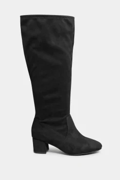 Yours Yours Black Faux Suede Stretch Heeled Knee High Boots In Wide E Fit & Extra Wide Eee Fit