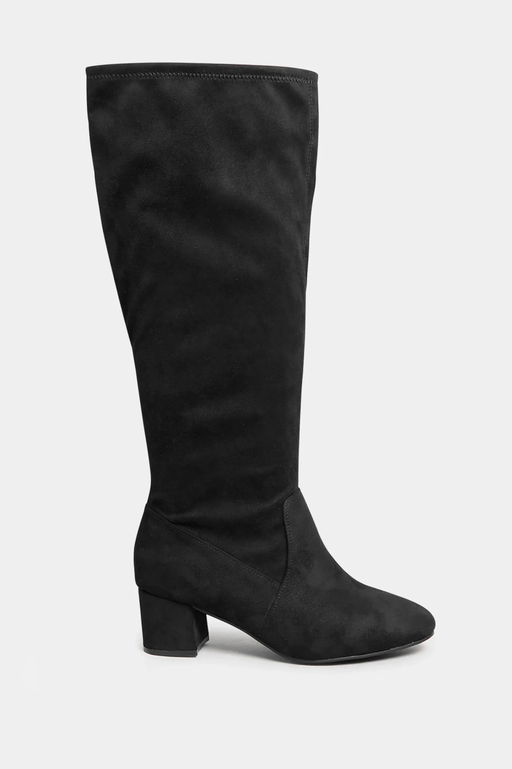 Yours Yours Black Faux Suede Stretch Heeled Knee High Boots In Wide E Fit & Extra Wide Eee Fit