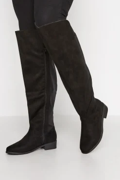 Yours Yours Black Faux Suede Stretch Over The Knee Boots In Wide E Fit & Extra Wide Eee Fit