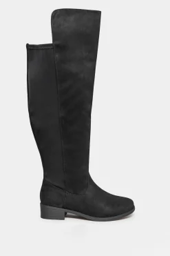 Yours Yours Black Faux Suede Stretch Over The Knee Boots In Wide E Fit & Extra Wide Eee Fit