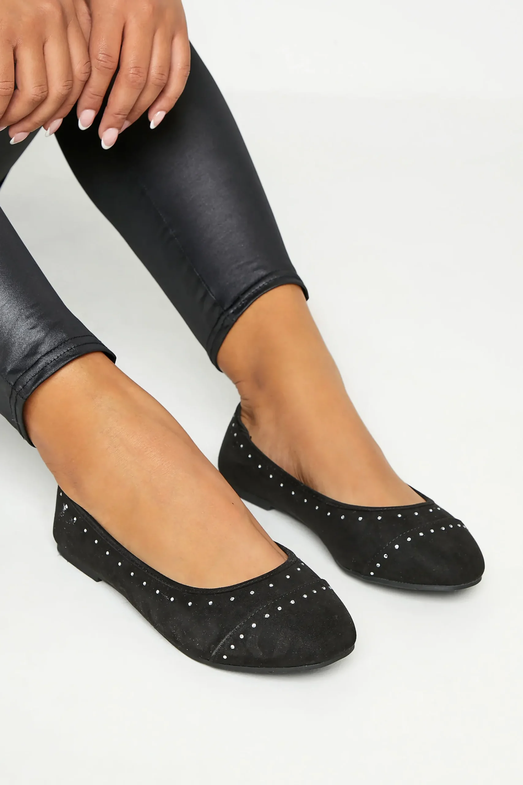 Yours Yours Black Faux Suede Diamante Ballerina Pumps In Wide E Fit & Extra Wide Eee Fit