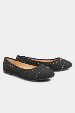 Yours Yours Black Faux Suede Diamante Ballerina Pumps In Wide E Fit & Extra Wide Eee Fit