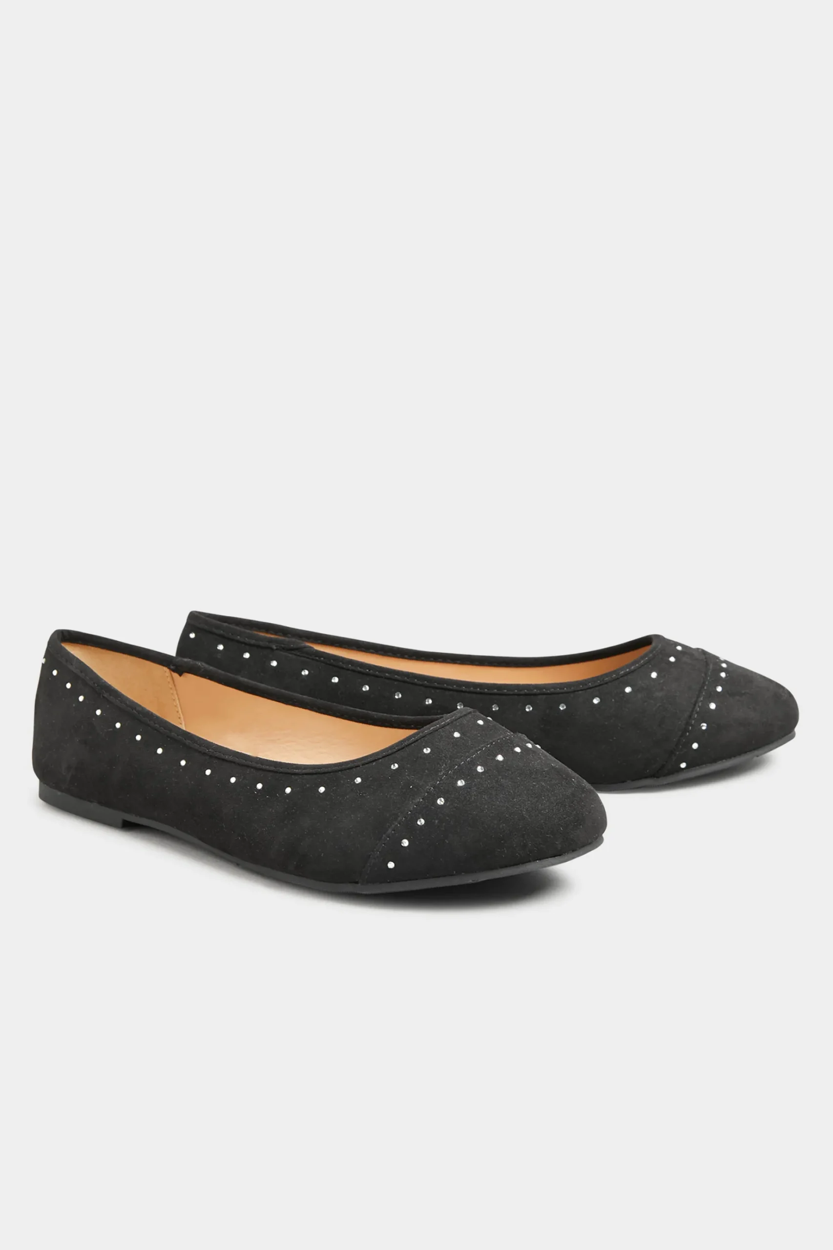 Yours Yours Black Faux Suede Diamante Ballerina Pumps In Wide E Fit & Extra Wide Eee Fit