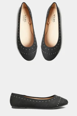 Yours Yours Black Faux Suede Diamante Ballerina Pumps In Wide E Fit & Extra Wide Eee Fit