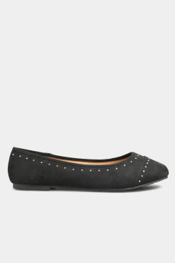 Yours Yours Black Faux Suede Diamante Ballerina Pumps In Wide E Fit & Extra Wide Eee Fit