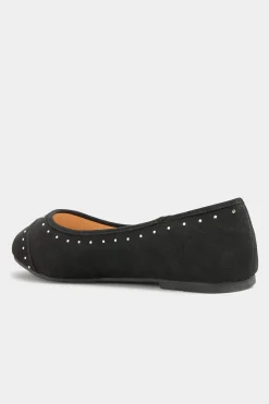 Yours Yours Black Faux Suede Diamante Ballerina Pumps In Wide E Fit & Extra Wide Eee Fit