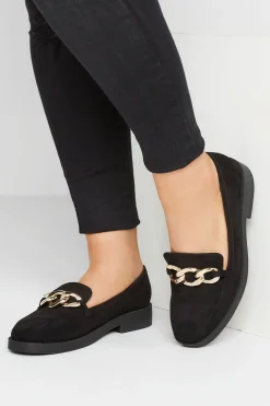 Yours Yours Black Faux Suede Chain Detail Loafers In Wide E Fit & Extra Wide Eee Fit