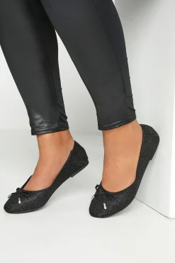 Yours Yours Black Glitter Ballerina Pumps In Wide E Fit & Extra Wide Eee Fit